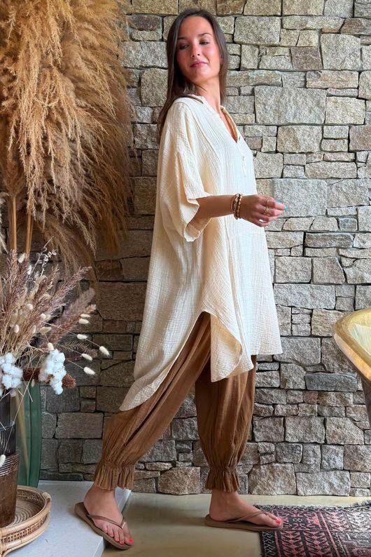 Tasha Cushion Cotton Oversized Shirt Tunic Vanilla